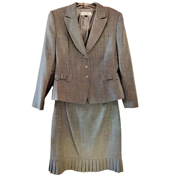 TAHARI Women's Sz 12 Tweed Suit Arthur S Levine Black Wht Wool Poly Blend Lined - Picture 2 of 16